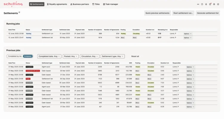 Job manager feature in the royalty settlement process in Schilling Waves.
