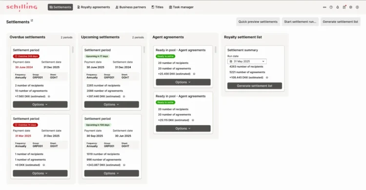 Job card feature in the royalty settlement process in Schilling Waves.