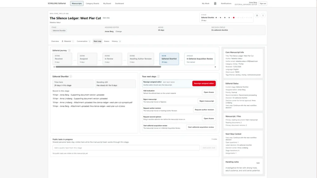 Move from passive editorial intake to active portfolio shaping with Schilling Editorial Desk.